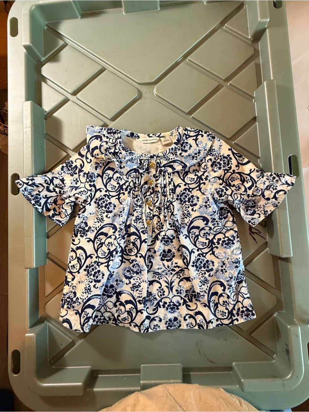 Janie and Jack White and Navy Floral Button-Pleat Blouse